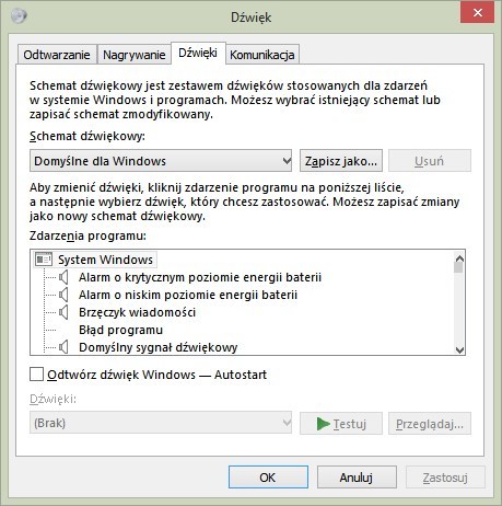 Ustawienia dźwięków systemowych w Windows 8