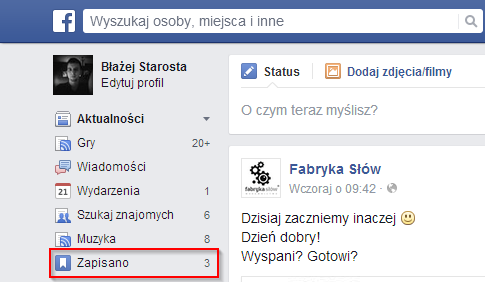 Przeglądanie listy zapisanych linków na Facebooku