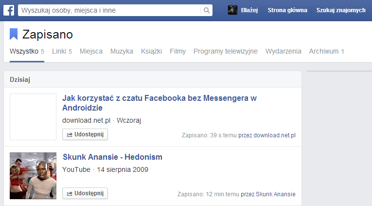 Facebook - lista zapisanych linków z podziałem na kategorie