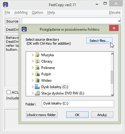 FastCopy - wybór folderów do skopiowania