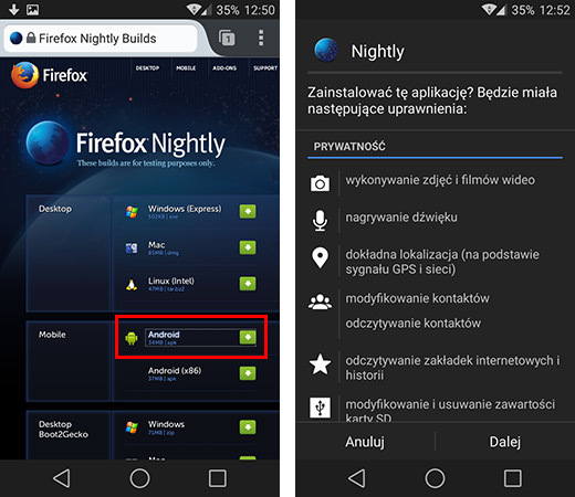 Pobieranie i instalacja Firefox Nightly