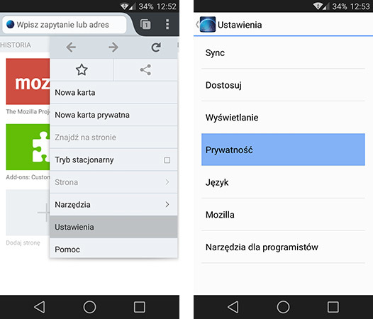 Firefox Nightly - ustawienia przeglądarki