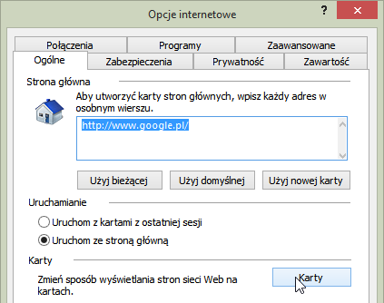 Przejście do ustawień kart w Internet Explorer