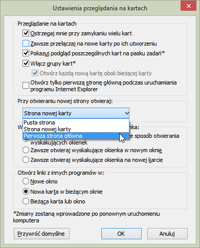 Ustawienia nowej karty w Internet Explorer