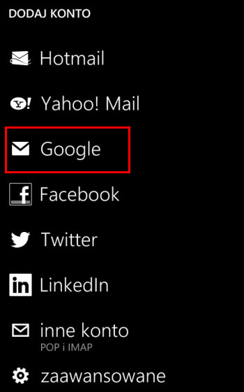 Wybór dodawanego konta w Windows Phone