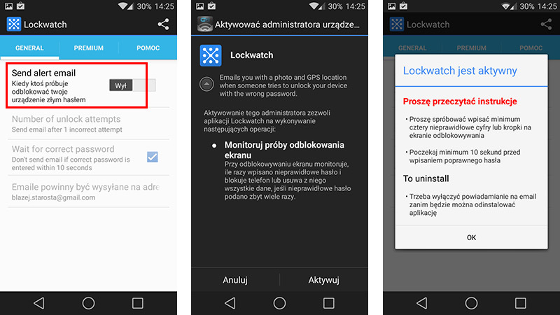 Lockwatch - włączanie powiadomień e-mailem