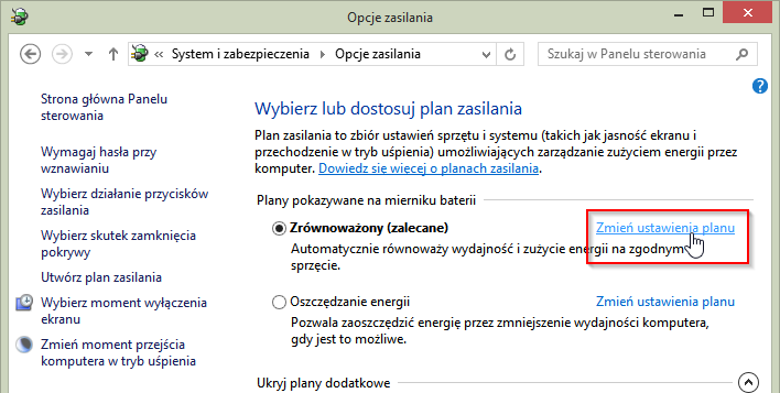 Zmiana ustawień planu zasilania w Windows 8