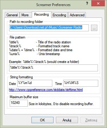 Ustawienia nagrywania w Screamer Radio