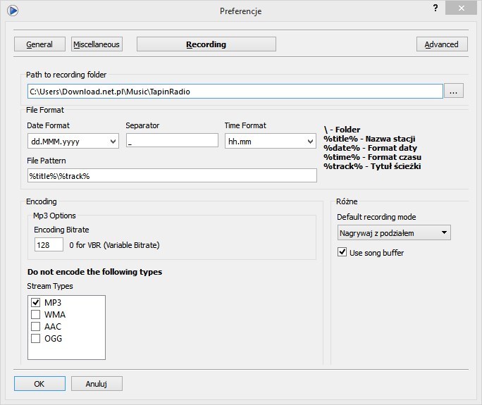 TapinRadio - ustawienia nagrywania