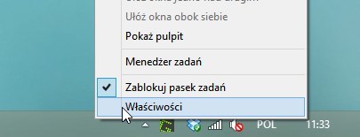 Przejście do właściwości paska zadań w Windows 8.1