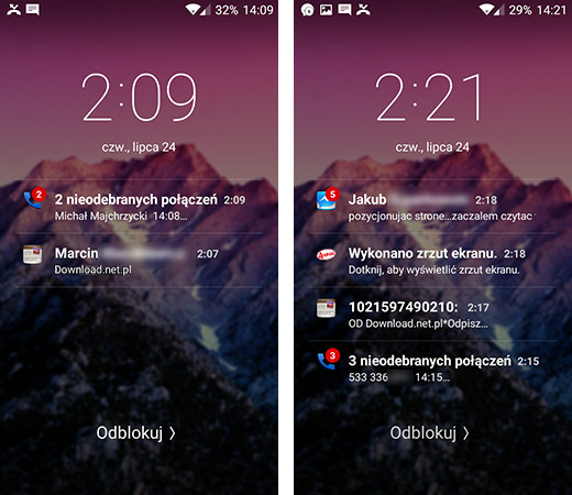 Lista nieprzeczytanych powiadomień na ekranie blokady