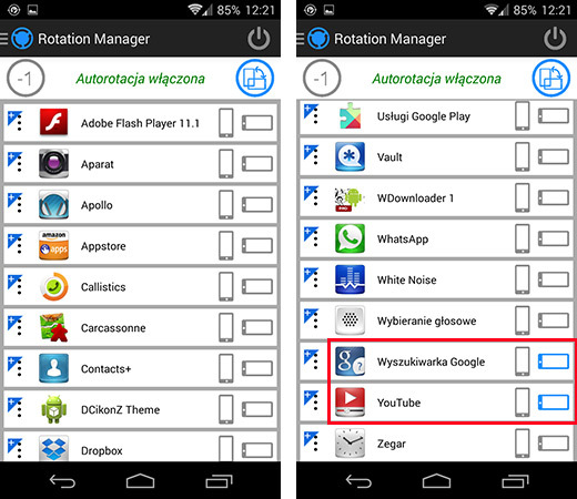 Rotation Manager - lista aplikacji i ustawianie rotacji