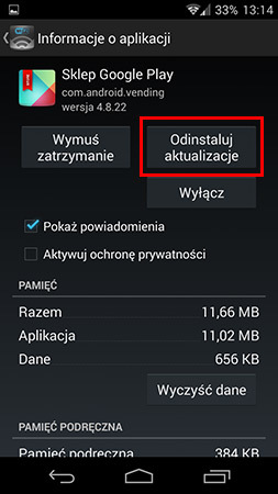 Odinstalowywanie aktualizacji Sklepu Play