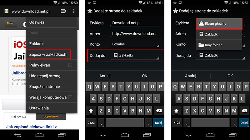 Zapisywanie strony na ekranie głównym Androida