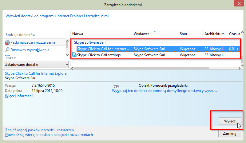 Internet Explorer - wyłączanie dodatku Skype Click to Call