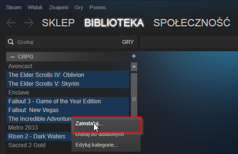 Wybór kilka gier do instalacji na Steam