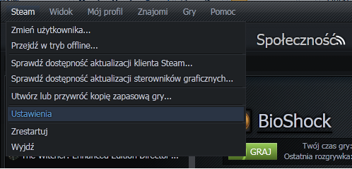 Rozwijane menu Steam