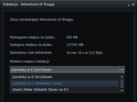 Steam - wybór folderu przy instalacji nowej gry