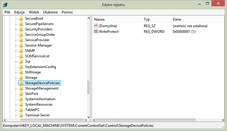 Edycja wpisu WriteProtect w kluczu StorageDevicePolicies