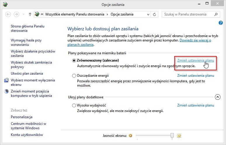 Opcje zasilania w Windows 8.1
