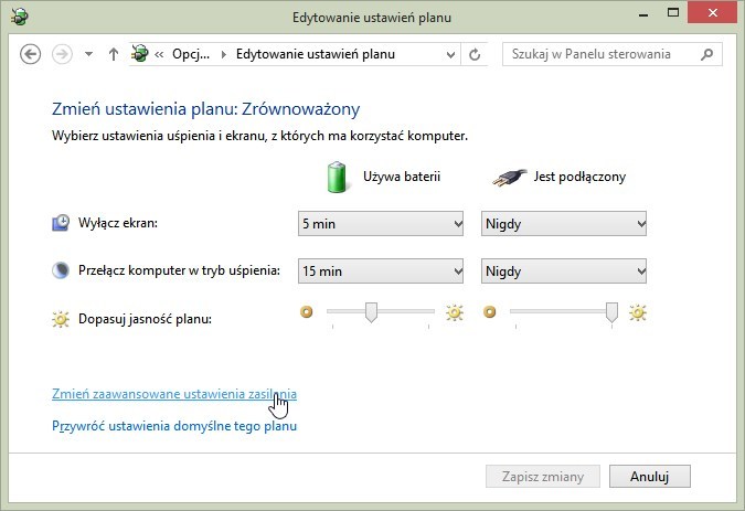 Edytowanie ustawień planu zasilania w Windows 8.1