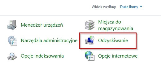 Przejście do opcji odzyskiwania w Panelu sterowania