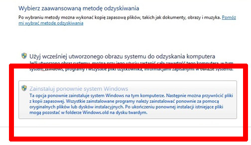 Wybranie funkcji ponownej instalacji systemu