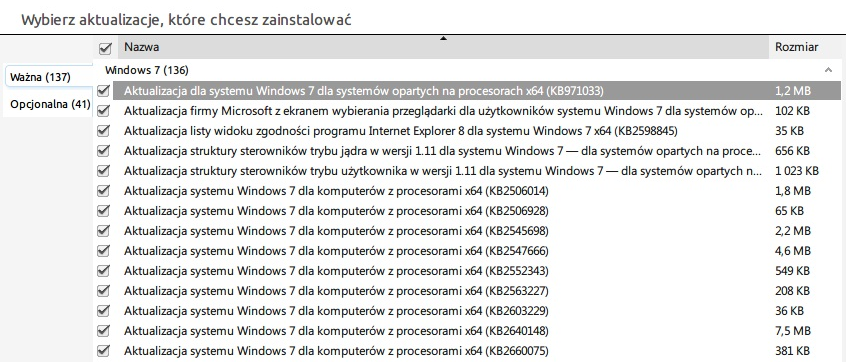 Wybór aktualizacji do zainstalowania