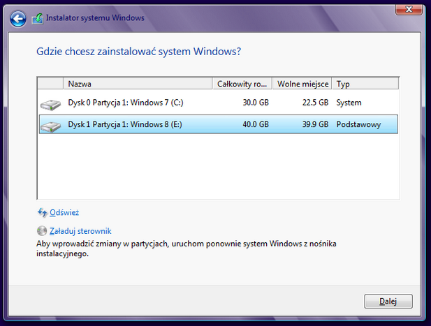 Wybór partycji do instalacji Windowsa