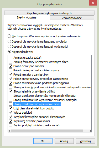 Wyłączanie zbędnych efektów animacji w Windows 8