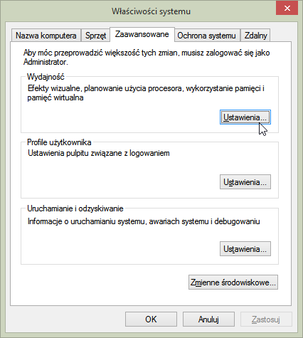 Przejście do ustawień wydajności w Windows 8