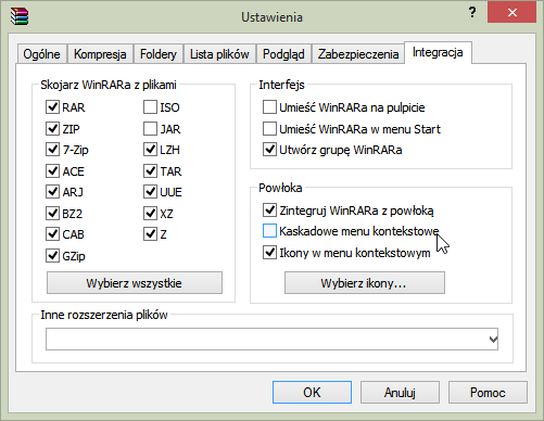 Ustawienia WinRara w menu kontekstowym