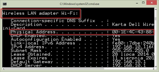Wyszukiwanie adresu MAC naszej karty
