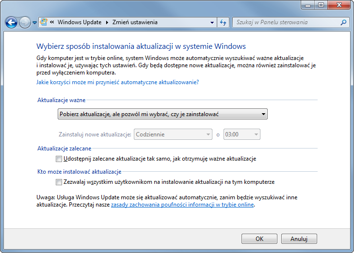 Zmiana sposobu instalowania aktualizacji