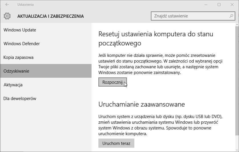 Opcje odzyskiwania w Windows 10