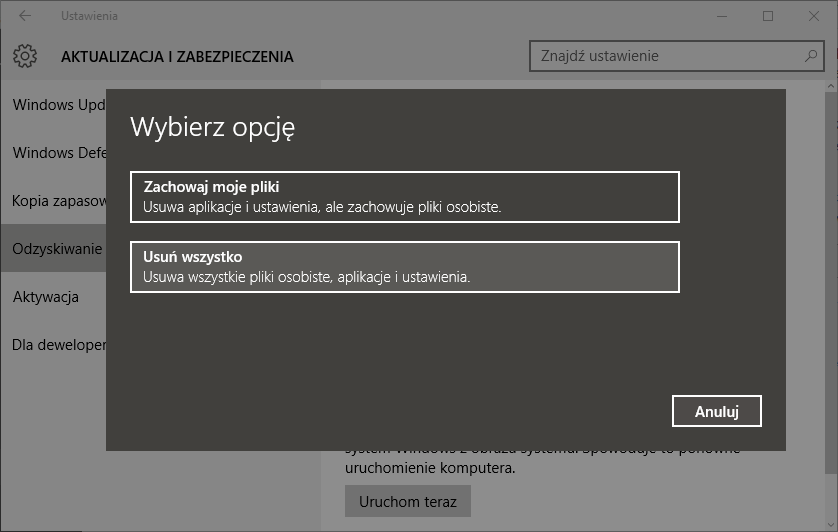 Opcje odświeżania komputera w Windows 10