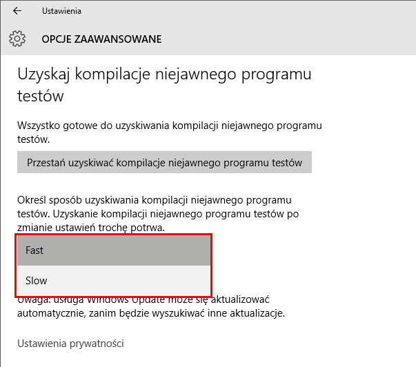 Wybór szybkości otrzymywania aktualizacji