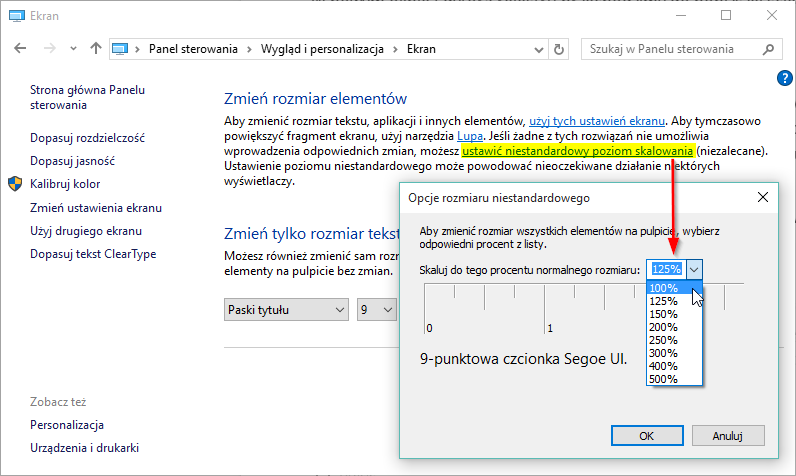 Panel sterowania - ustawienia skalowania elementów