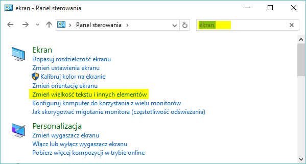 Panel sterowania - opcje ekranu