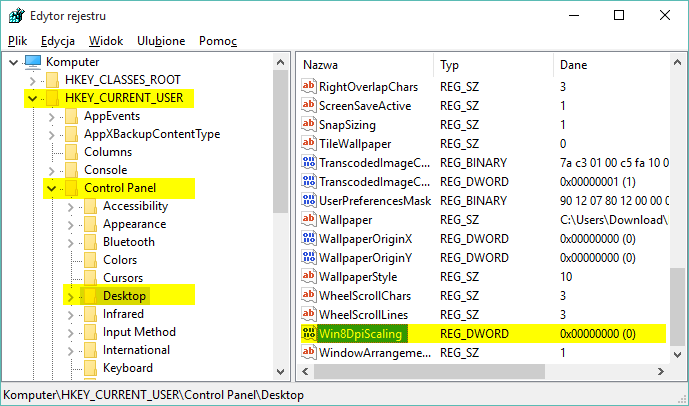 Edytor rejestru - skalowanie DPI
