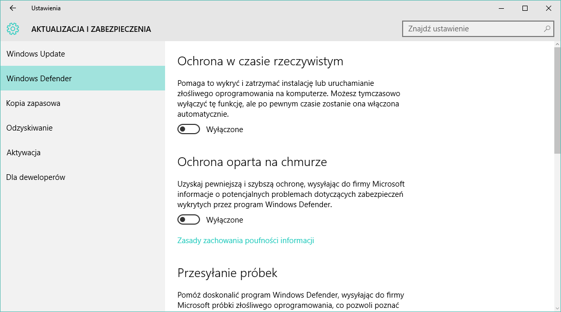 Opcje Windows Defendera w ustawieniach Windows