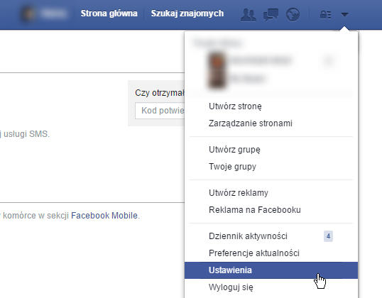Facebook - menu konta