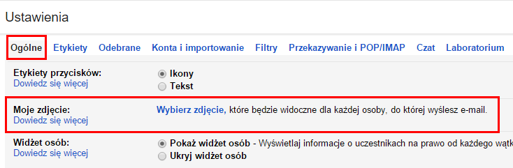 Ustawienia zdjęcia w Gmailu