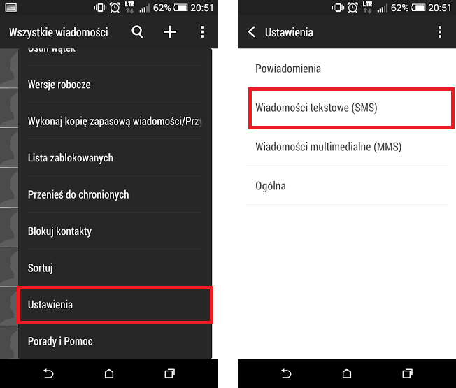 Opcje aplikacji SMS w HTC