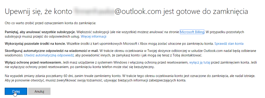 Usuwanie konta Microsoft