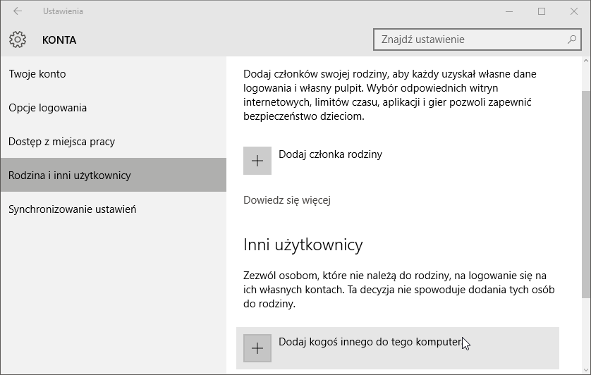 Ustawienia kont w Windows 10
