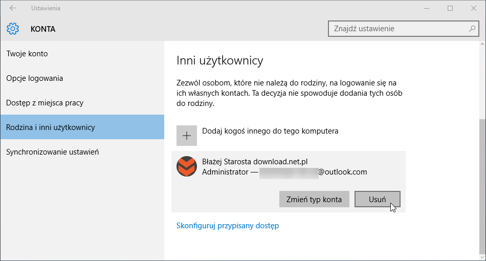Usunięcie konta Microsoft