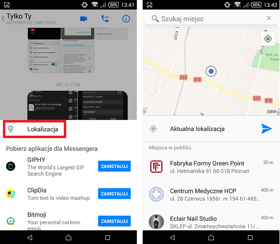 Messenger - udostępnianie lokalizacji