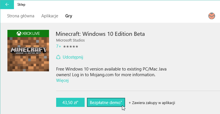 Minecraft w Sklepie Windows 10