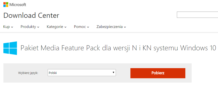 Pobieranie pakietu Media Feature Pack dla wersji N lub KN